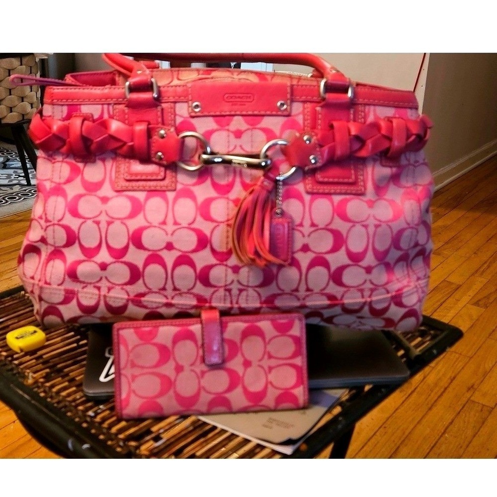Coach Signature C Pink Jacquard Canvas Satchel & Wallet Set & Bonus COACH Charm